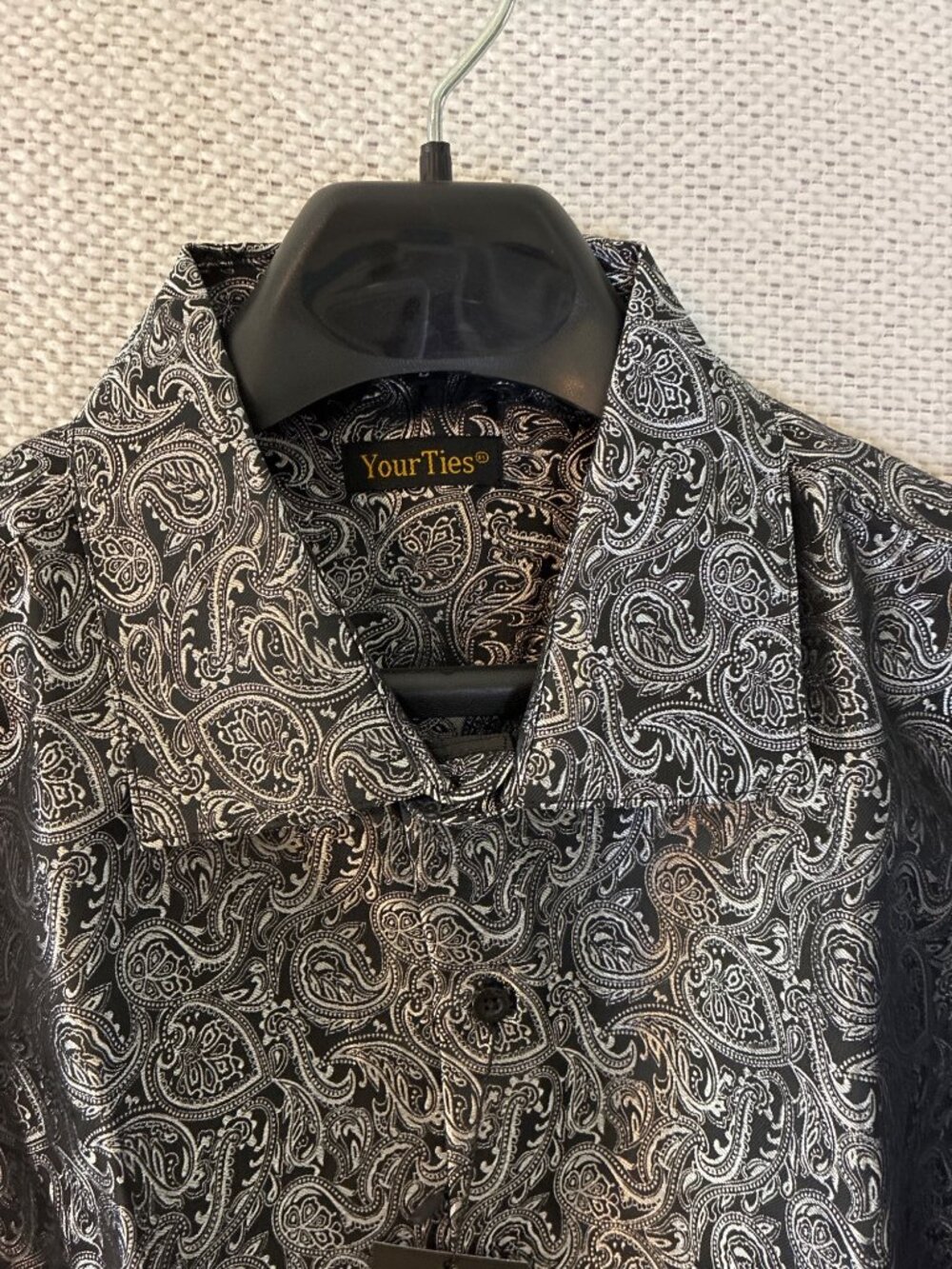 Your Ties Paisley Shirt Black Silver Satin Look Button Front Mens Large Prom - Picture 5 of 10